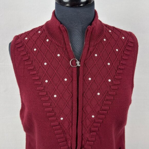 Emotions Womens M Burgundy Zip Front Sweater Vest Embellished Pearls Pockets - Picture 4 of 9